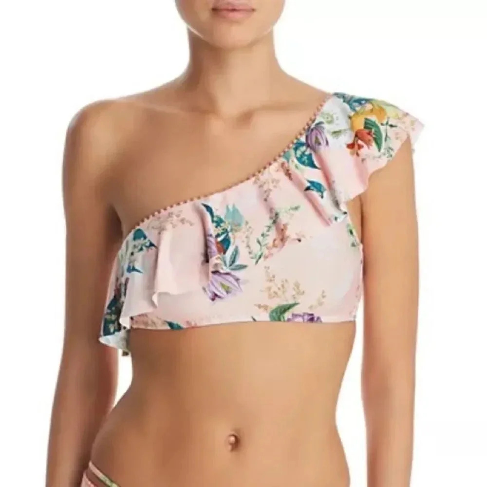 Isabella Rose Floral One Shoulder Bikini Top Medium Pink Ruffle Pom Pom Trim NWT